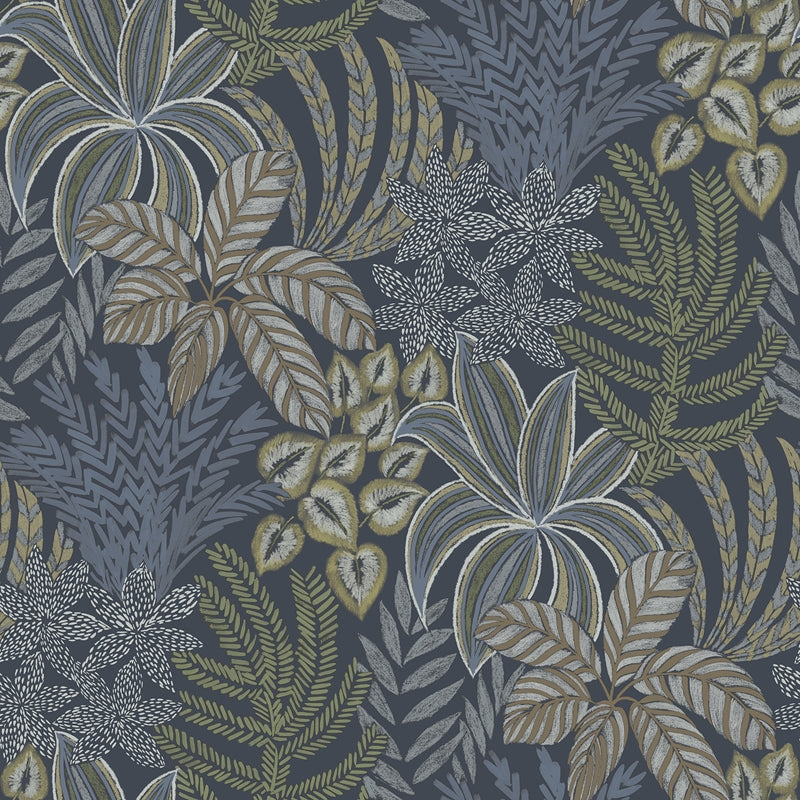 Sample 2970-13904 Revival, Sumner Navy Woodland Botanical Wallpaper by A-Street Prints Wallpaper