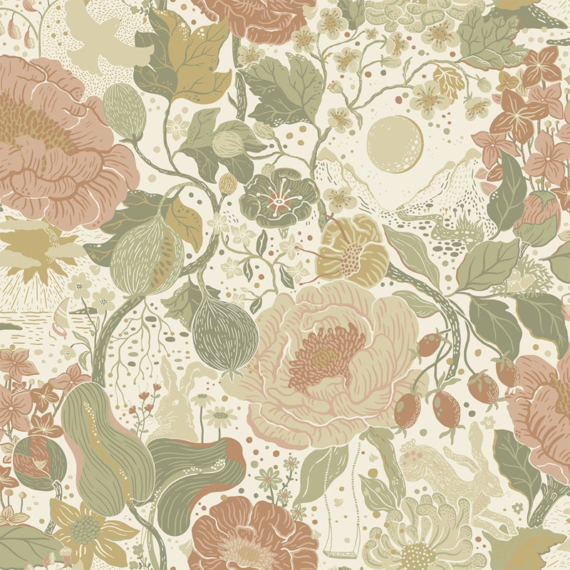 Sample 4111-63012 Briony, Vaxa Green Rabbits And Rosehips Wallpaper by A-Street Prints Wallpaper