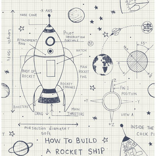 Looking DA60700 Day Dreamers Rocket Ship White and Midnight Blue by Seabrook Wallpaper