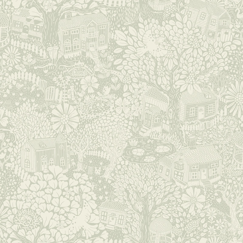 Sample 4111-63004 Briony, Bygga Bo Seafoam Woodland Village Wallpaper by A-Street Prints Wallpaper