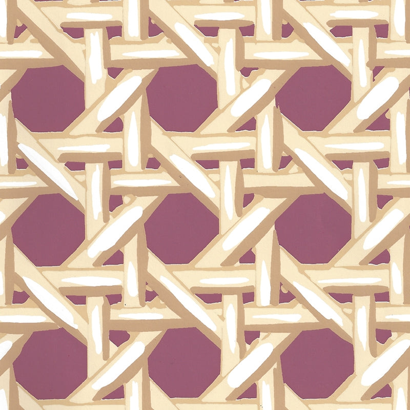 Sample 6480WP-06 Club Cane, Cream Taupe Eggplant by Quadrille Wallpaper