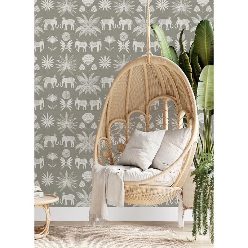 Purchase 4014-26437 Seychelles Bazaar Grey Elephant Oasis Wallpaper Grey A-Street Prints Wallpaper