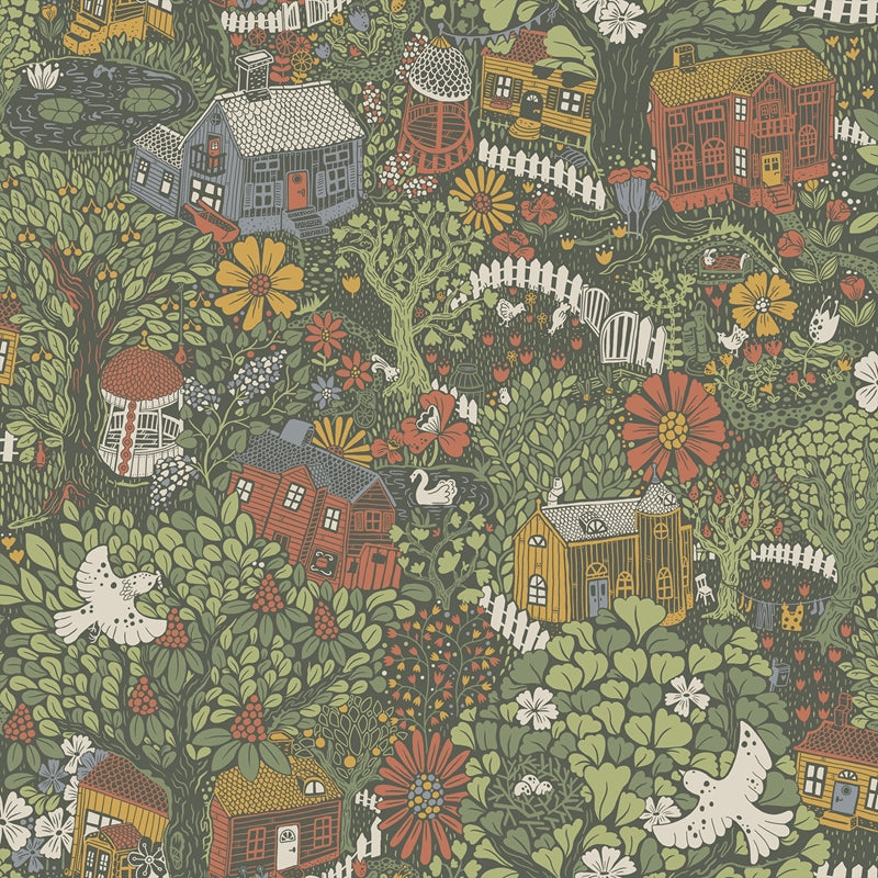 Sample 4111-63003 Briony, Bygga Bo Green Woodland Village Wallpaper by A-Street Prints Wallpaper