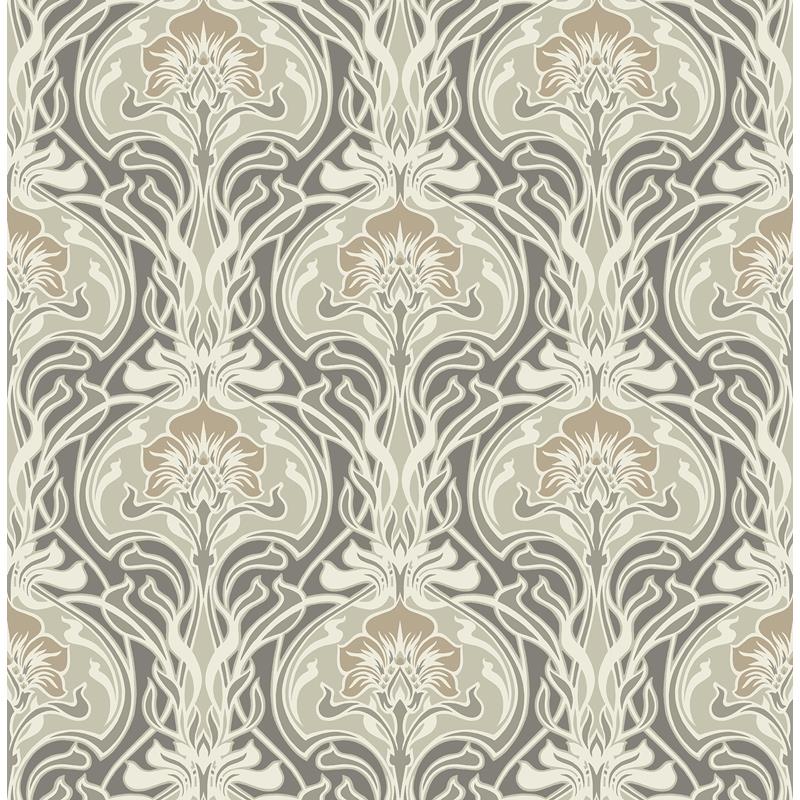 Sample 2970-26150 Revival, Mucha Dark Grey Botanical Ogee Wallpaper by A-Street Prints Wallpaper