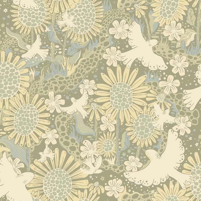 Sample 4111-63009 Briony, Dramma Sage Songbirds and Sunflowers Wallpaper by A-Street Prints Wallpaper