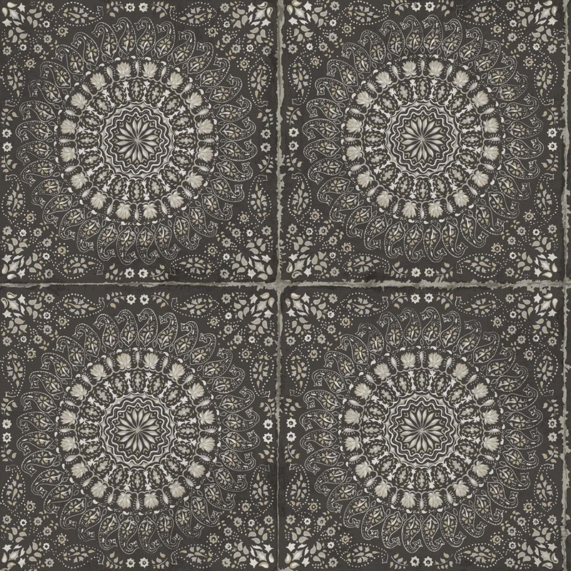Sample RY30700 Boho Rhapsody, Mandala Boho Tile Brushed Ebony and Stone Seabrook Wallpaper