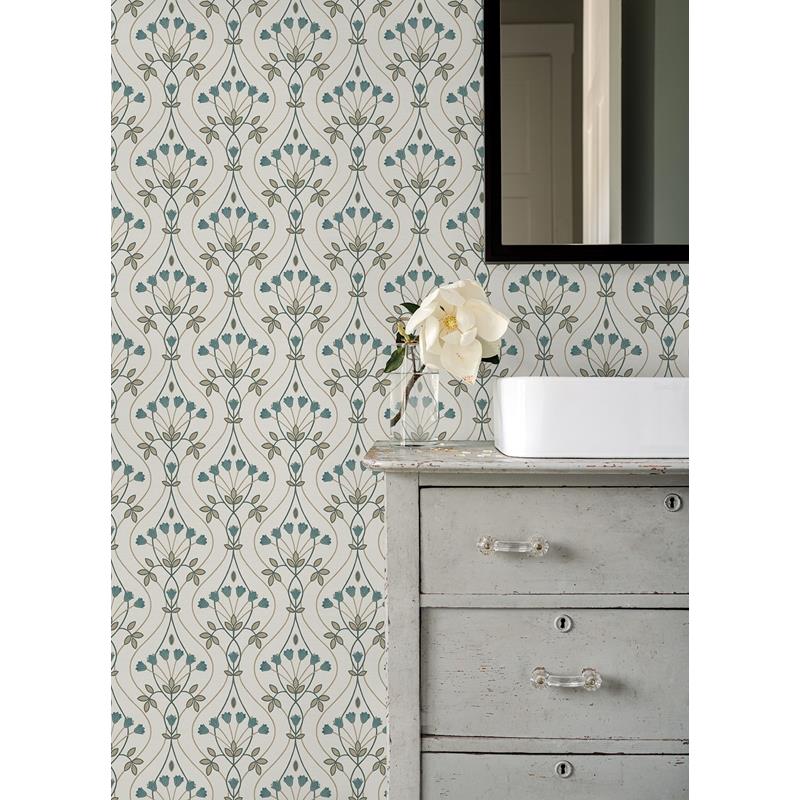 View 2970-26145 Revival Dard Teal Tulip Ogee Wallpaper Teal A-Street Prints Wallpaper