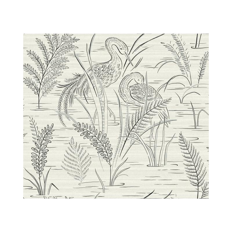 Sample GR5953 Grandmillennial, Fernwater Cranes Black/Gray York Wallpaper
