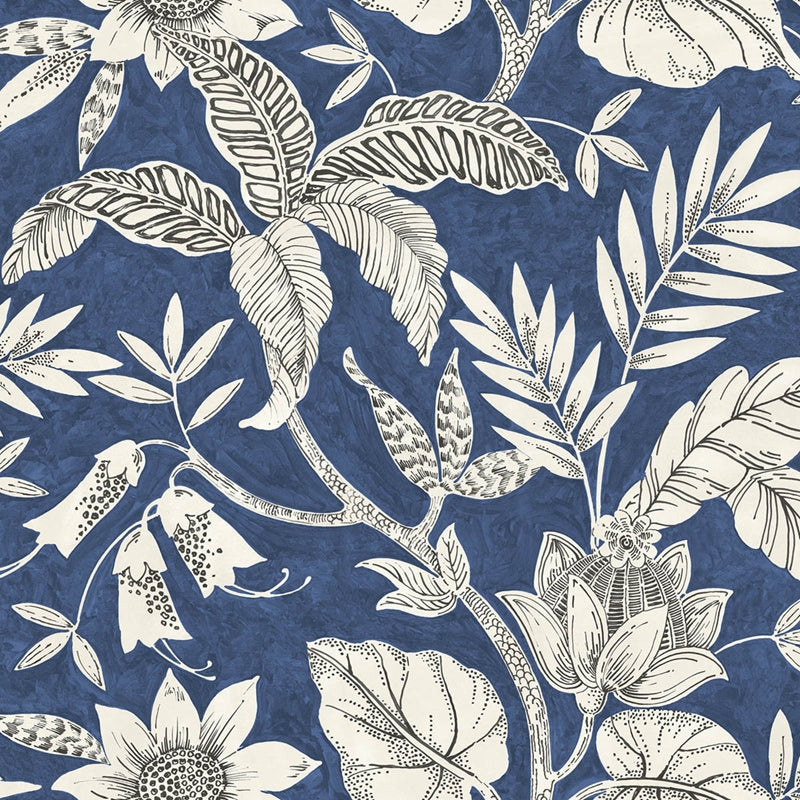 Sample RY30202 Boho Rhapsody, Rainforest Leaves Sapphire and Brushed Ebony Seabrook Wallpaper