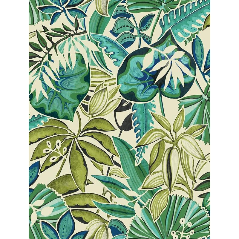 Sample CBS4513 Caroline et Bettina, Turquoise Feuilles Peel and Stick Wallpaper by NuWallpaper