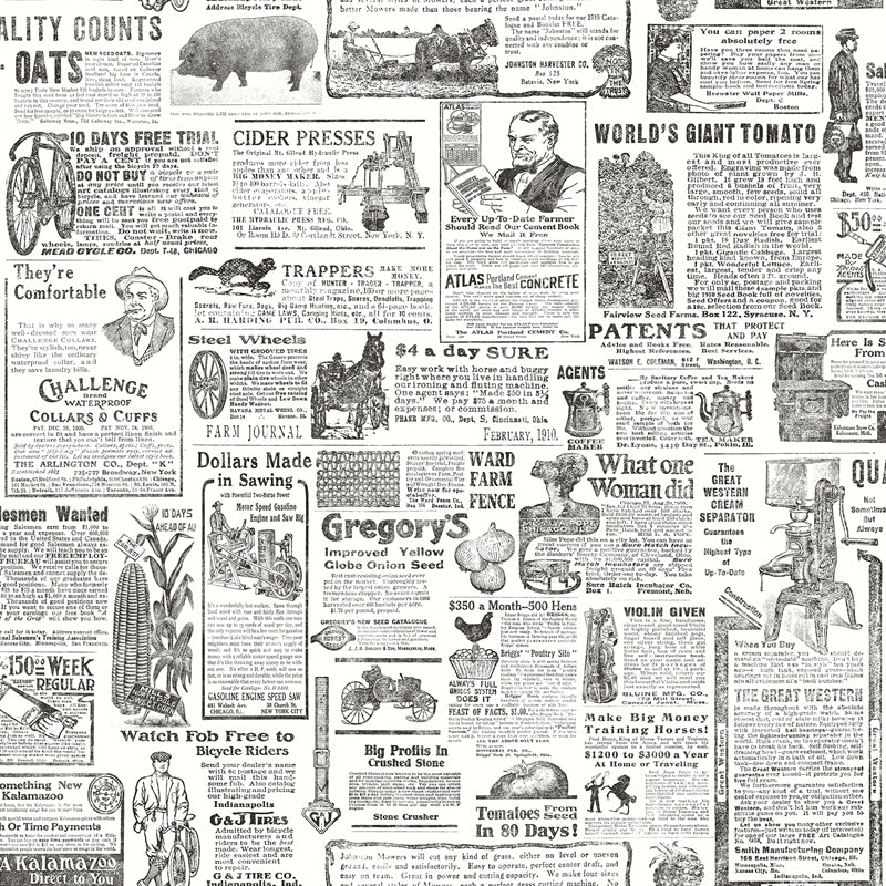 Sample 2904-13081 Fresh Start Kitchen and Bath, Underwood Black Newspaper Wallpaper by Brewster