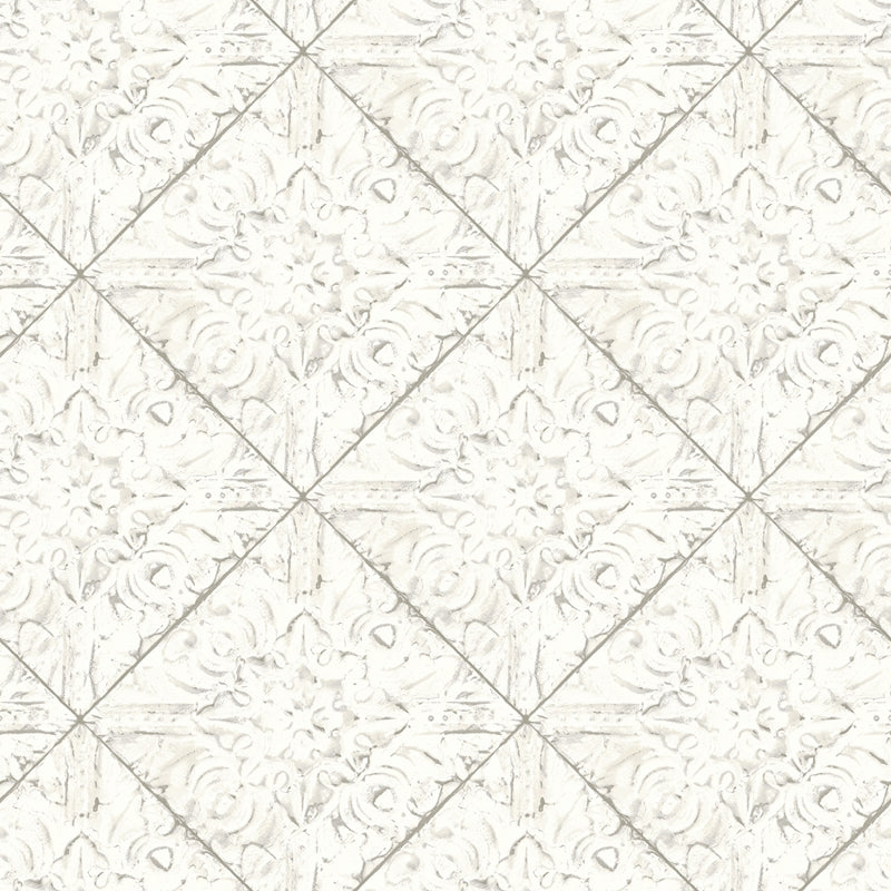 Sample 2904-13091 Fresh Start Kitchen and Bath, Brandi White Tin Tile Wallpaper by Brewster