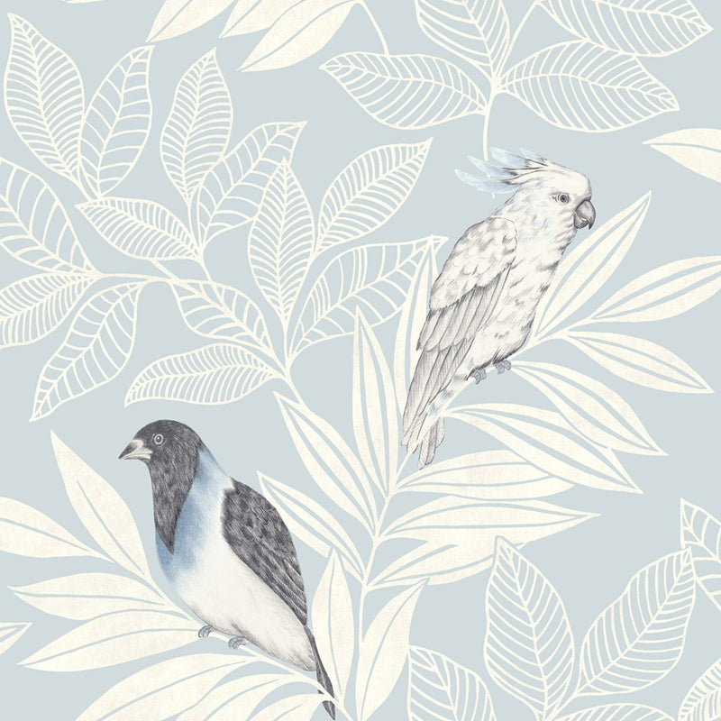 Sample RY30102 Boho Rhapsody, Paradise Island Birds Blue Oasis and Ivory Seabrook Wallpaper