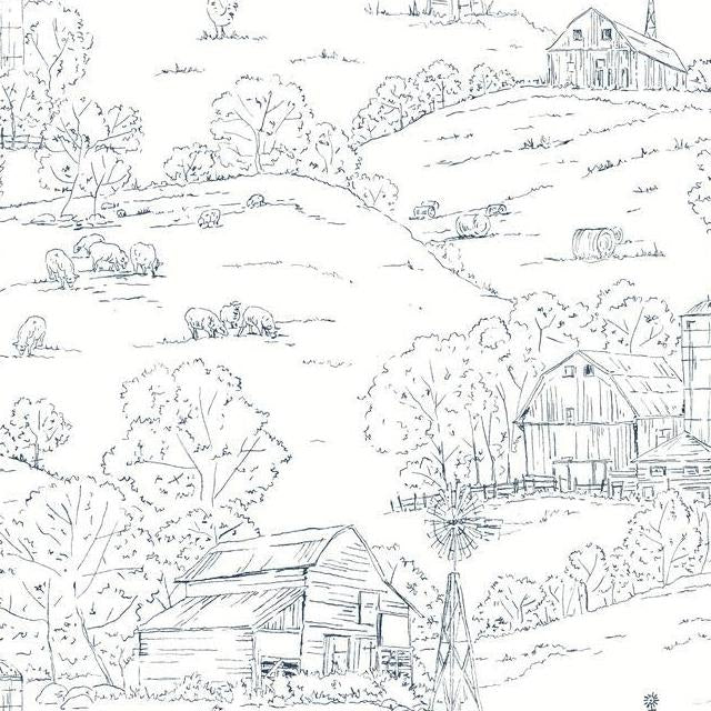 Save FH4032 Simply Farmhouse Pasture Toile Navy/White York Wallpaper