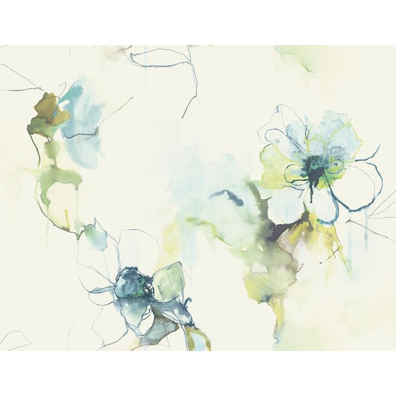 Sample LW50004 Living with Art, Anemone Watercolor Floral Glacier Blue and Pear Seabrook Wallpaper