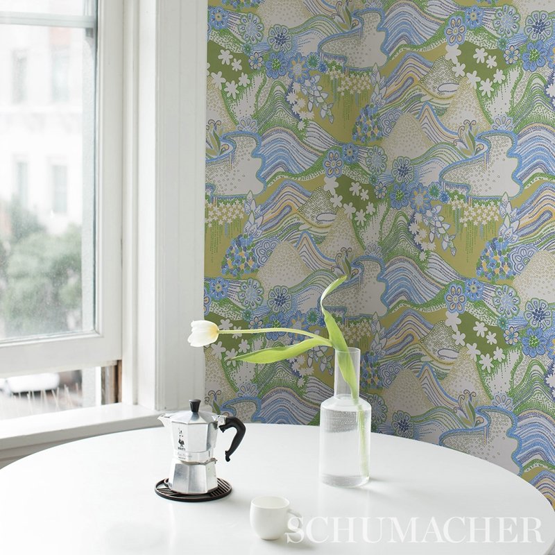 View 5013552 Daisy Chain Green And Blue Schumacher Wallcovering Wallpaper