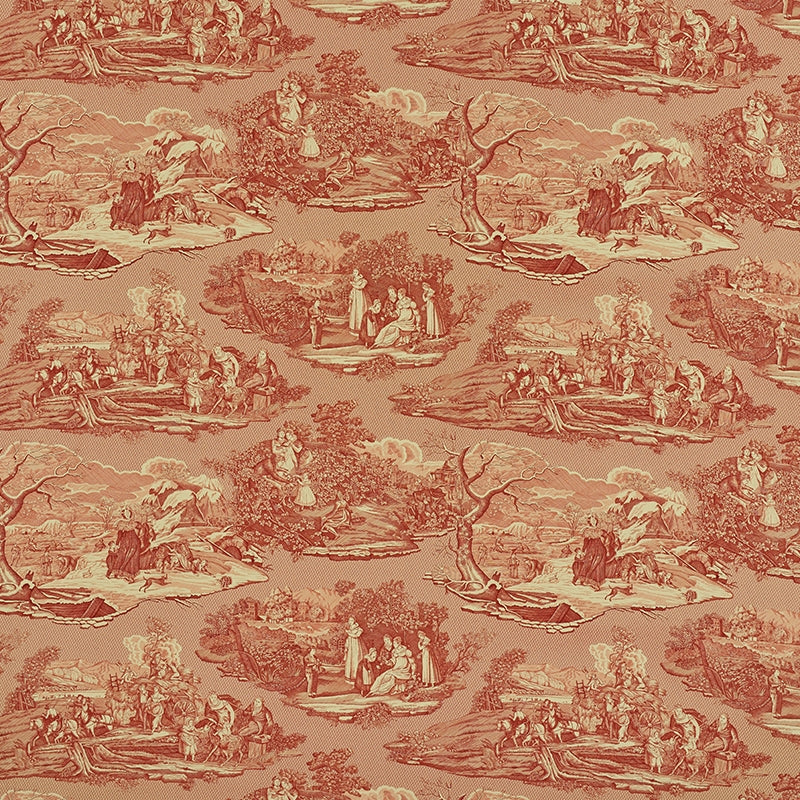 View 1207013 Four Seasons Toile Document Red by Schumacher Fabric