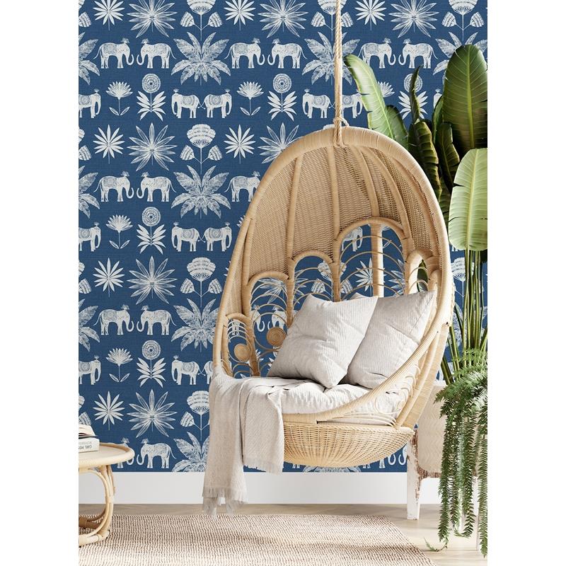 Select 4014-26436 Seychelles Bazaar Blue Elephant Oasis Wallpaper Blue A-Street Prints Wallpaper