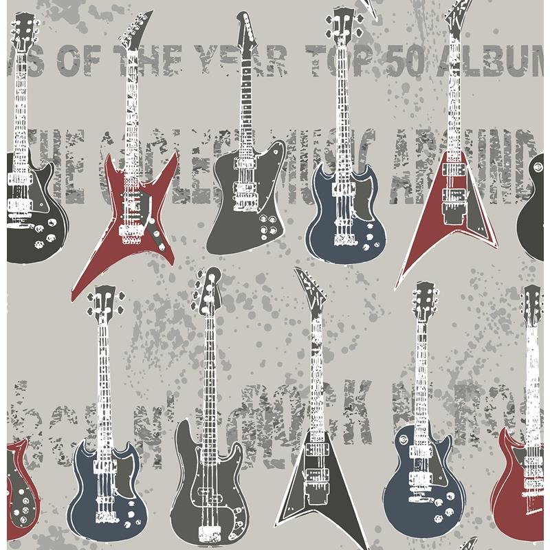 Sample HN002639 Brewster Kids, Richards Red Rock Star Guitar Stripe Wallpaper by Brewster