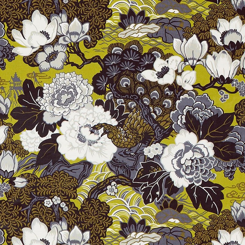Purchase sample of 175131 Shanghai Peacock, Brass by Schumacher Fabric