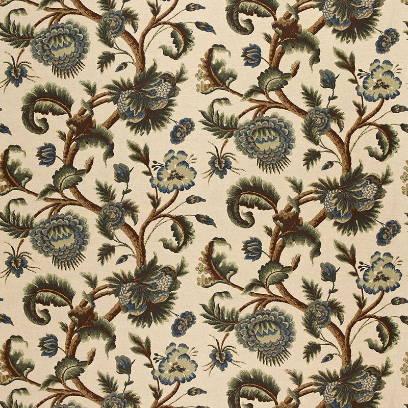 Find 2639314 Jacobean Printed Crewel Multi Blues Wood Tones by Schumacher Fabric