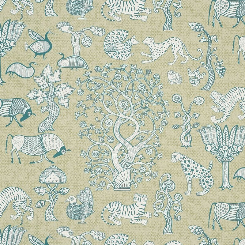 Purchase sample of 178321 Animalia, Peacock & Leaf by Schumacher Fabric