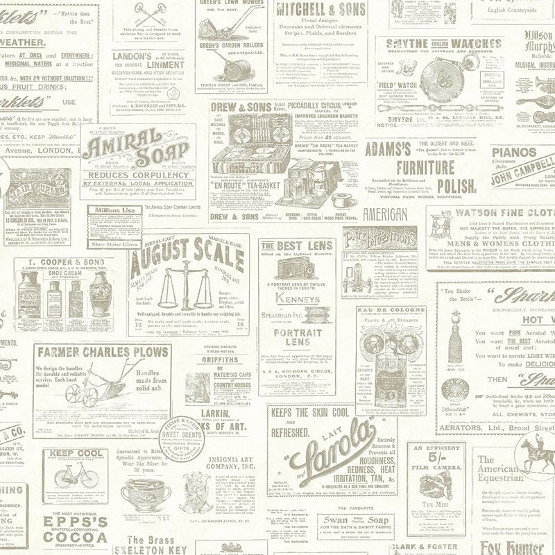 Find 3115-64273 Farmhouse Adamstown Cream Newspaper Cream by Chesapeake Wallpaper