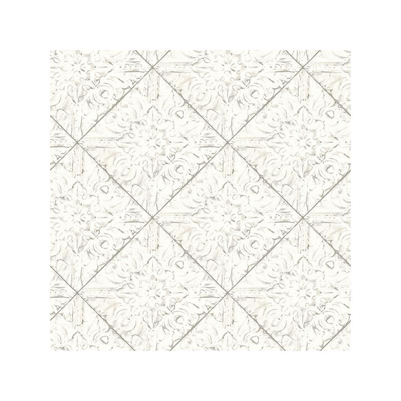 Sample 3119-13091 Kindred, Brandi White Metallic Faux Tile by Chesapeake Wallpaper
