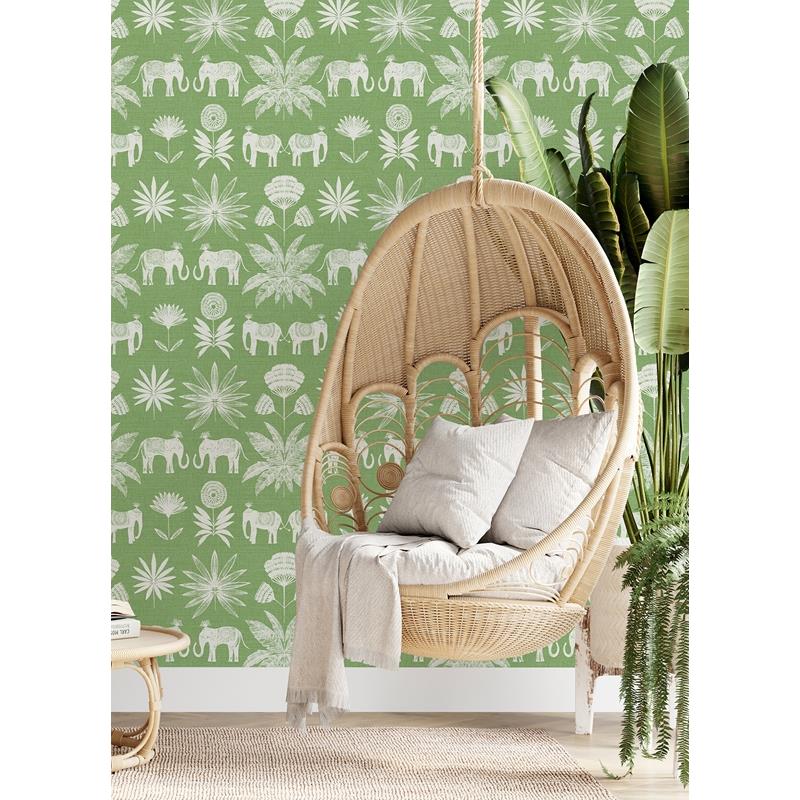 Search 4014-26435 Seychelles Bazaar Green Elephant Oasis Wallpaper Green A-Street Prints Wallpaper