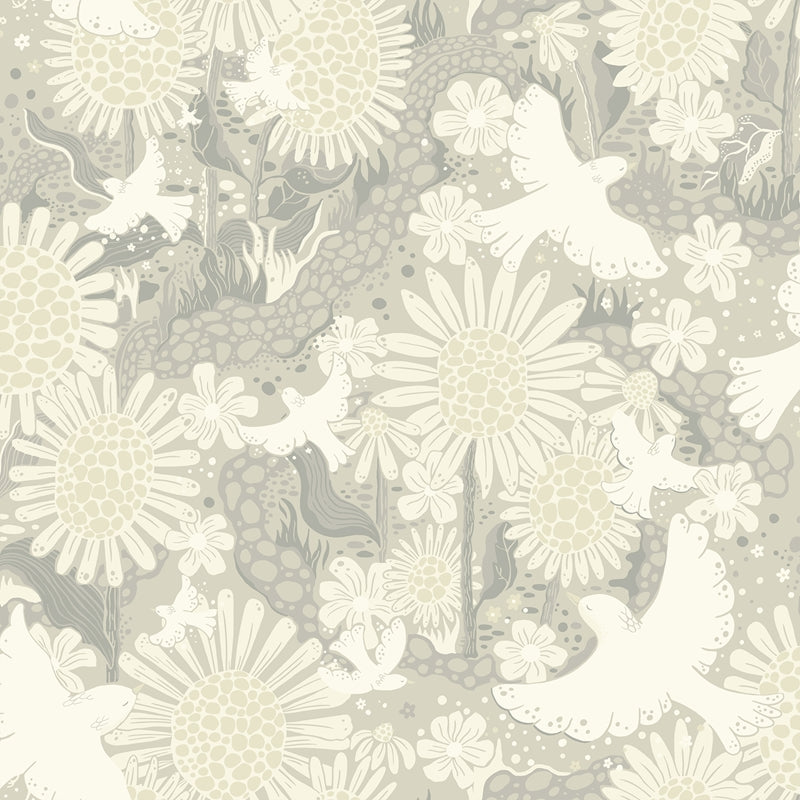 Sample 4111-63011 Briony, Dramma Light Grey Songbirds and Sunflowers Wallpaper by A-Street Prints Wallpaper