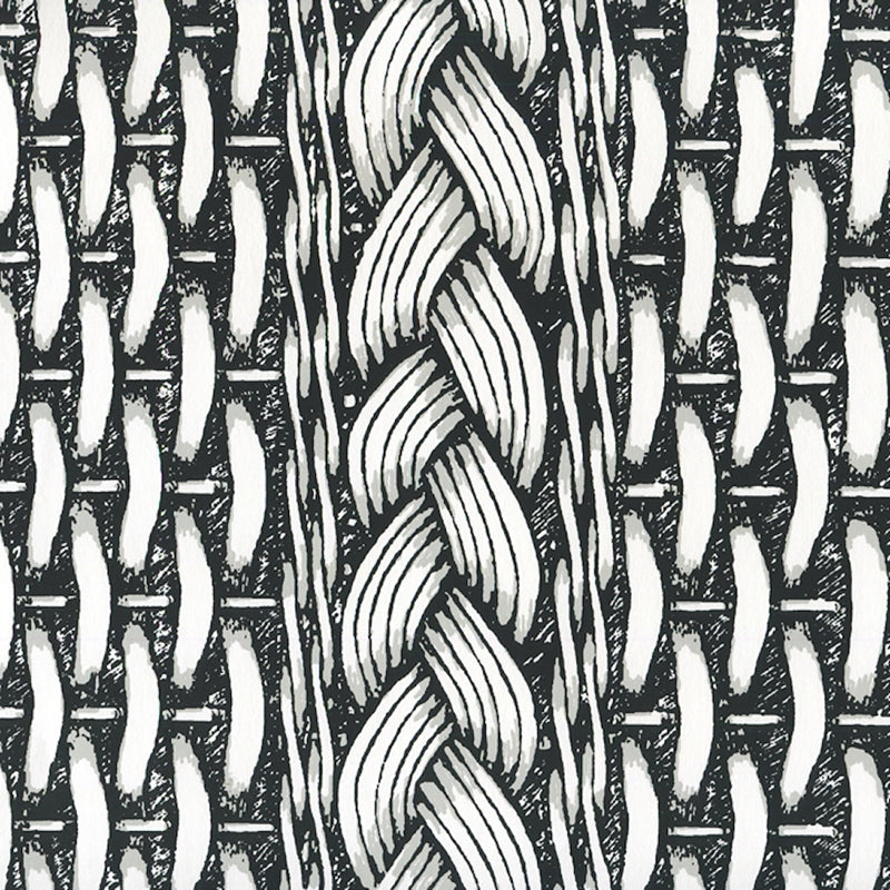 Sample 8400WP-01 Newport Rattan, Black Gray on White by Quadrille Wallpaper
