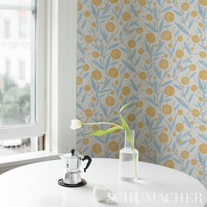 Find 5013200 Mirabelle Yellow and Sky Schumacher Wallcovering Wallpaper