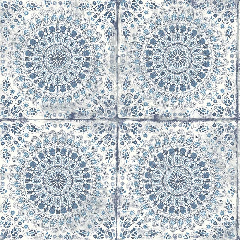 View RY30702 Boho Rhapsody Mandala Boho Tile Blue by Seabrook Wallpaper