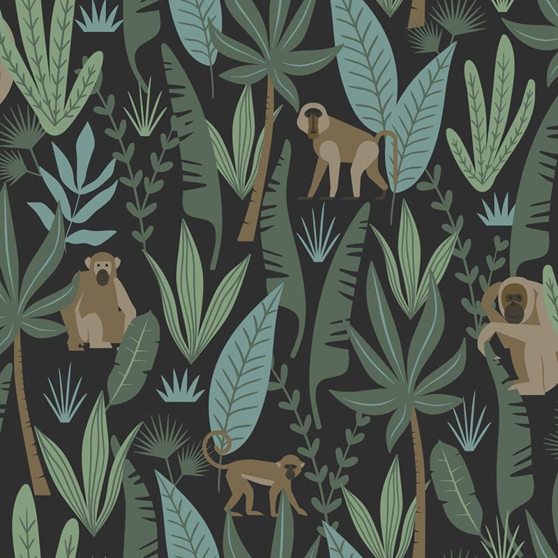 Sample DD139074 Design Department, Macaque Dark Green Monkeys Wallpaper by Brewster