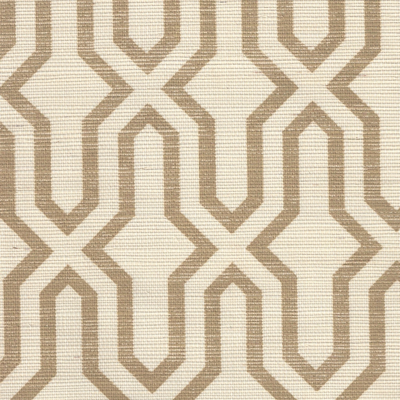 Sample 6300R-CAMEL Gorrivan Fretwork, Camel on Beige Grasscloth by Quadrille Wallpaper