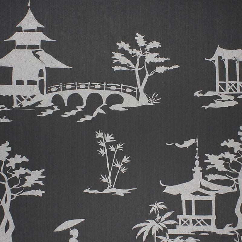 5668 | Chinois Our Way Silver on Black Sateen Club | Phillip Jeffries | Wallpaper