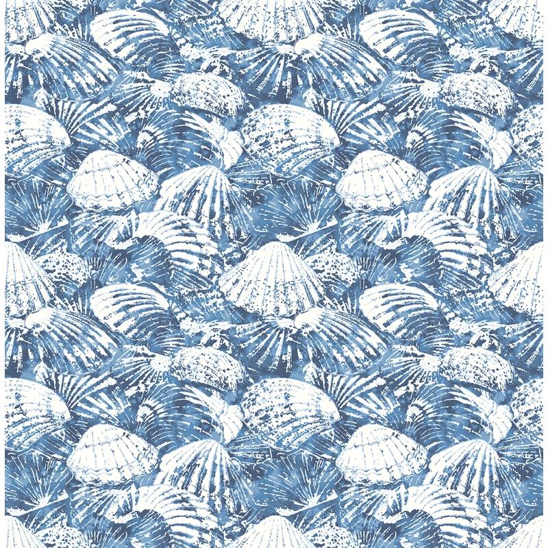 Save 2904-25691 Fresh Start Kitchen & Bath Surfside Blue Shells Wallpaper Blue Brewster