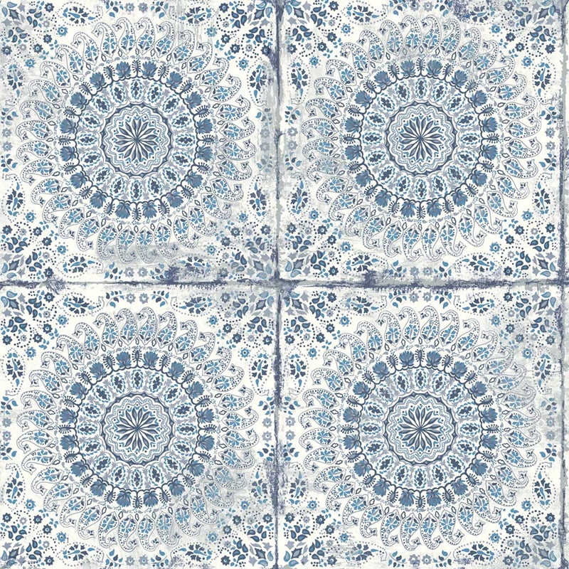 Sample RY30702 Boho Rhapsody, Mandala Boho Tile Cerulean and Washed Denim Seabrook Wallpaper