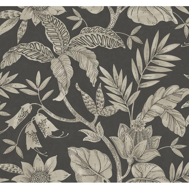 Sample RY30200 Boho Rhapsody, Rainforest Leaves Brushed Ebony and Stone Seabrook Wallpaper