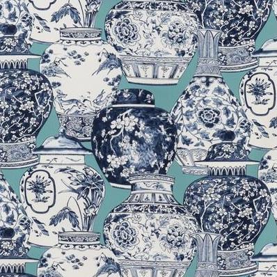 View 2020194.1350 Pandan Print Aqua Blue Chinoiserie by Lee Jofa Fabric