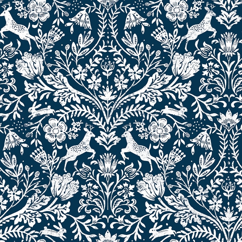 Sample 3124-13883 Thoreau, Forest Dance Navy Damask Wallpaper by Chesapeake