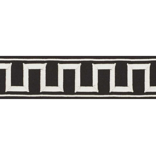 70802 | Greek Key Embroidered Tape, White On Black - Schumacher Fabric