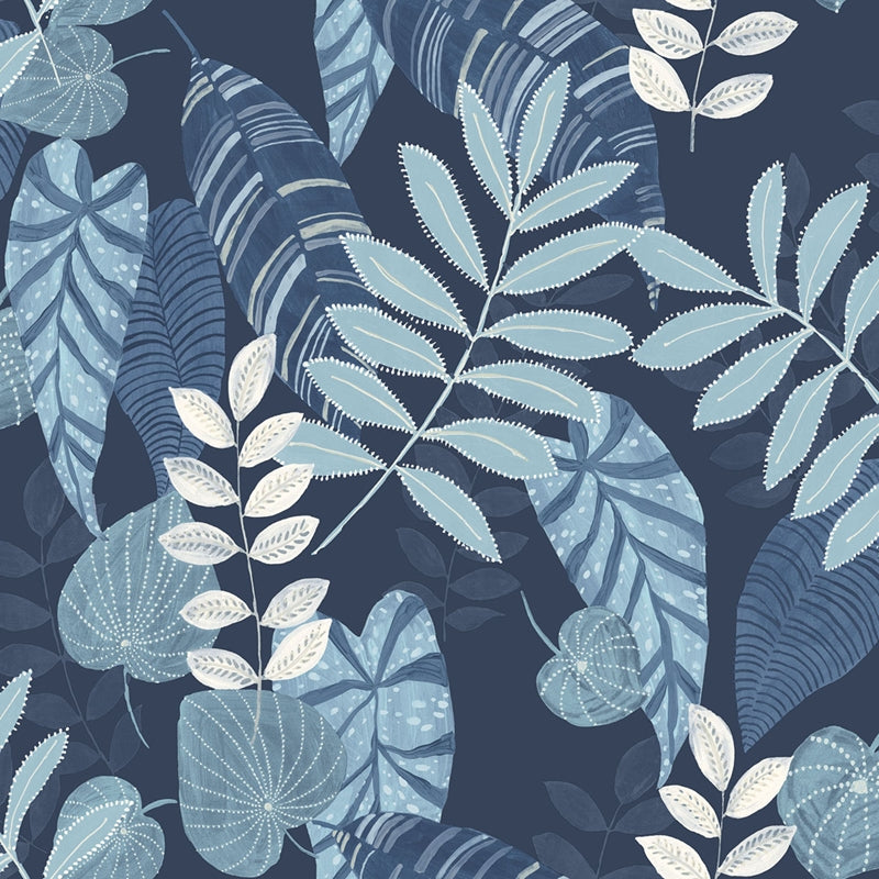 Sample RY30902 Boho Rhapsody, Tropicana Leaves Sky Blue and Champlain Seabrook Wallpaper