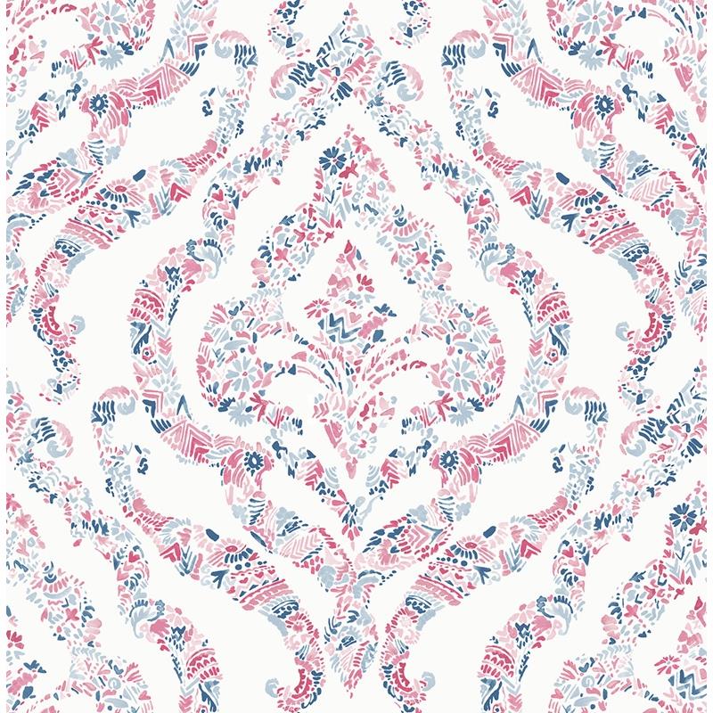 Sample 2901-25400 Perennial,  Featherton Coral Floral Damask Wallpaper by A Street Prints