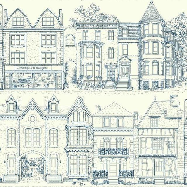 Looking AF1908 Ashford Toiles Brownstone Terrace  color blue Architectural Ashford House Wallpaper