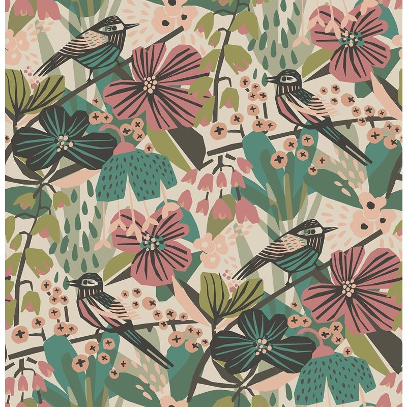 PLS4216 Pip &amp; Lo Teal Pink Jaybird Peel &amp; Stick Wallpaper by NuWallpaper