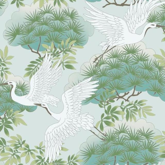 Shop AF6589 Designs Tea Garden Sprig & Heron Teal by Ronald Redding Wallpaper