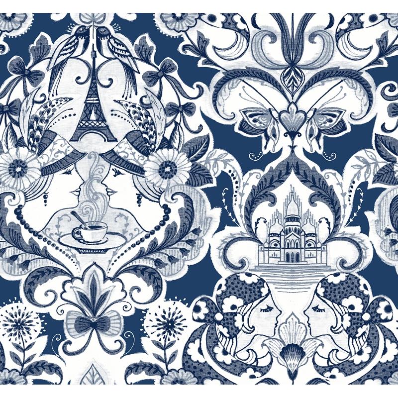 Sample 2973-90885 Daylight, Sadie Navy Parisian Damask by A-Street Prints Wallpaper