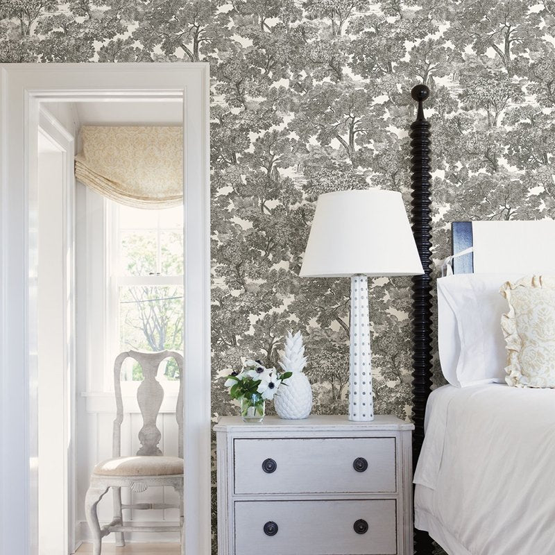 3115-12542 | Farmhouse, Spinney Black Toile Black - Chesapeake Wallpap