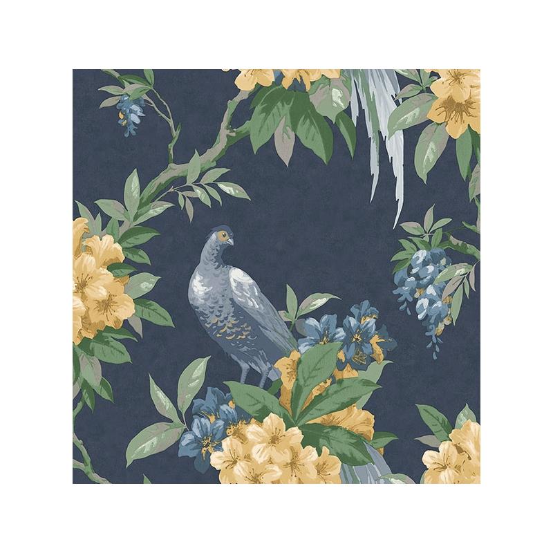 Sample M1661 Archive Collection, Golden Pheasant Dark Blue Floral Wallpaper by Brewster